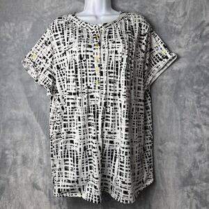 Always Indigo Top Blouse Women's Size 3X Black & White Short Sleeve Geometric